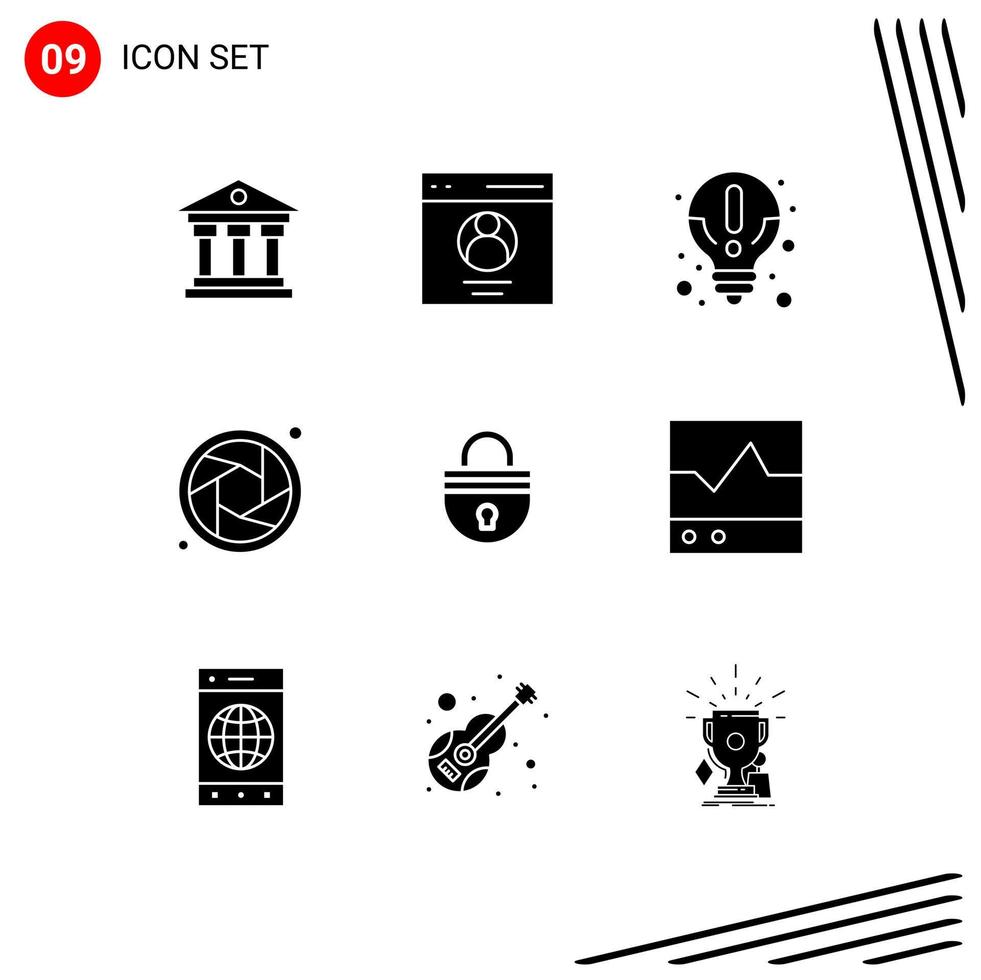 Set of 9 Vector Solid Glyphs on Grid for password lock about shutter camera Editable Vector Design Elements