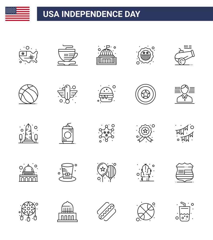 Modern Set of 25 Lines and symbols on USA Independence Day such as cannon flag building badge american Editable USA Day Vector Design Elements