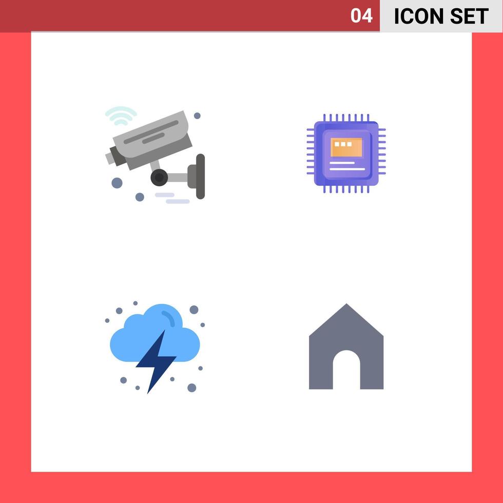 grupo de 4 iconos planos, signos y símbolos para la cámara, electricidad, seguridad, almacenamiento, energía, elementos de diseño vectorial editables vector