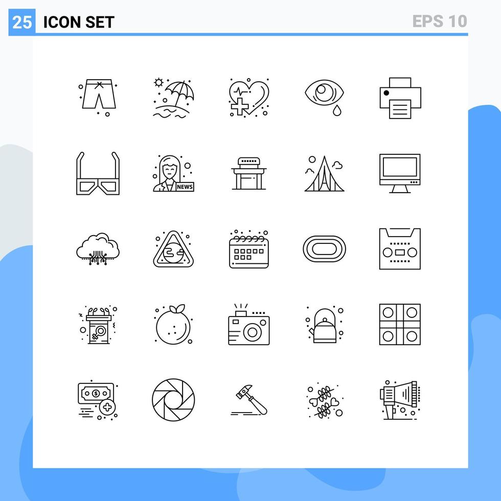 Set of 25 Modern UI Icons Symbols Signs for printing printer health care sad droop Editable Vector Design Elements