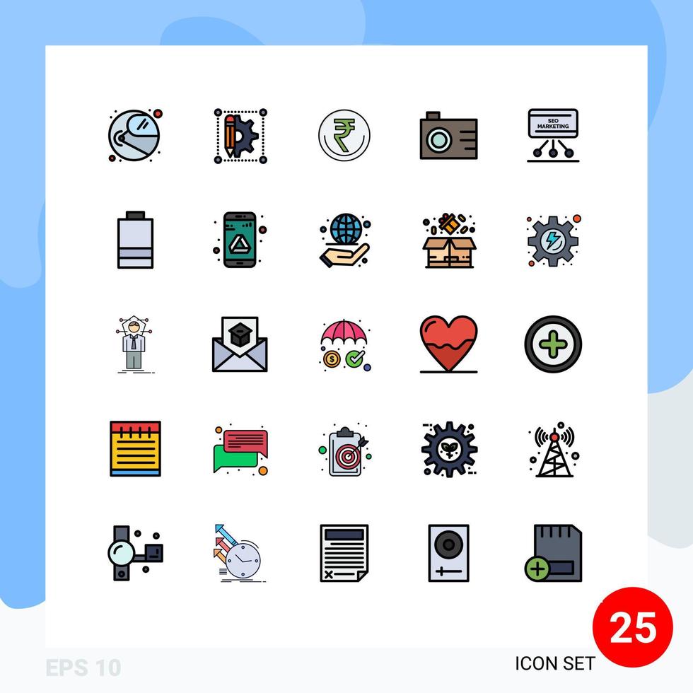 25 User Interface Filled line Flat Color Pack of modern Signs and Symbols of photo camera business trade inr Editable Vector Design Elements