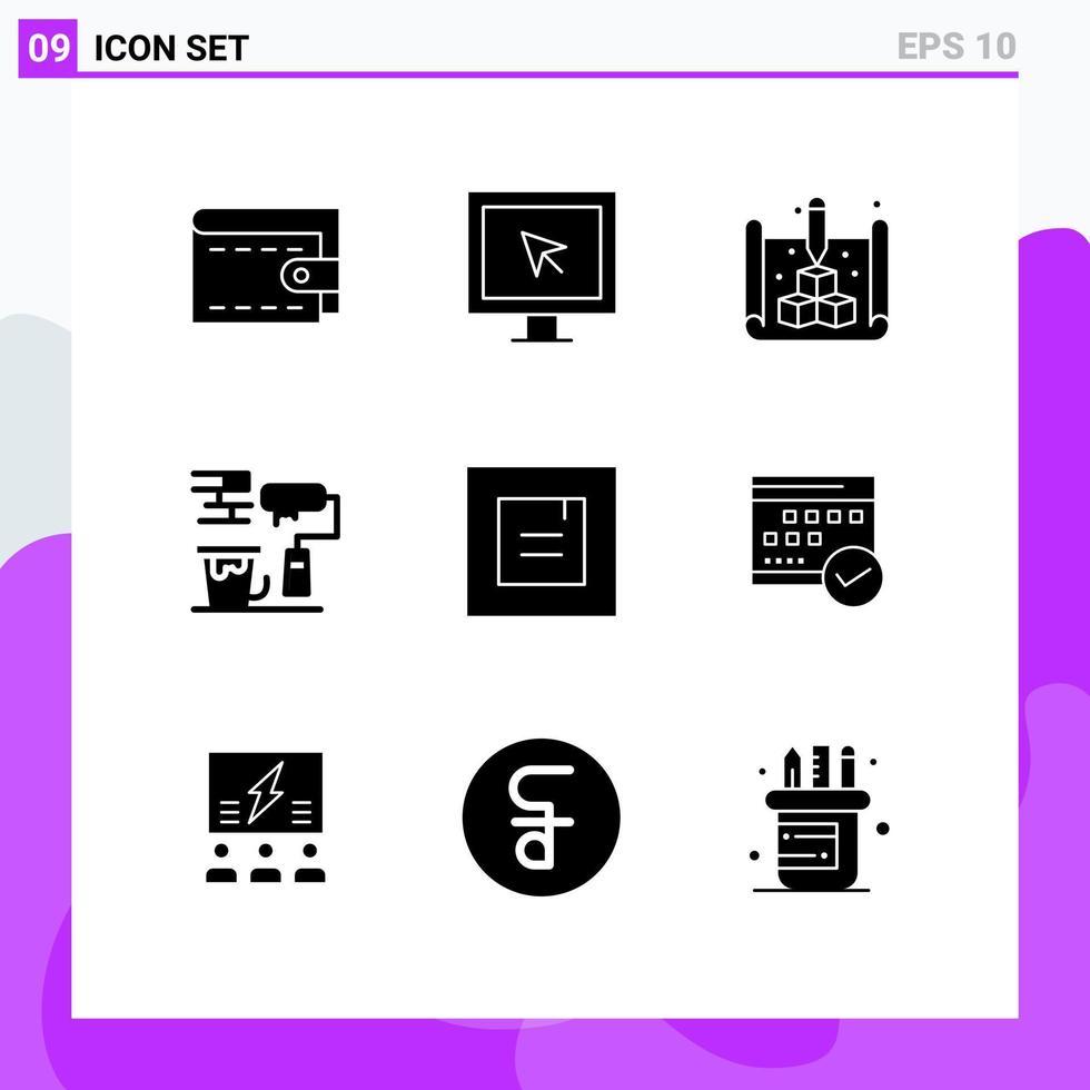 Pictogram Set of 9 Simple Solid Glyphs of window layout blueprint brush roller Editable Vector Design Elements