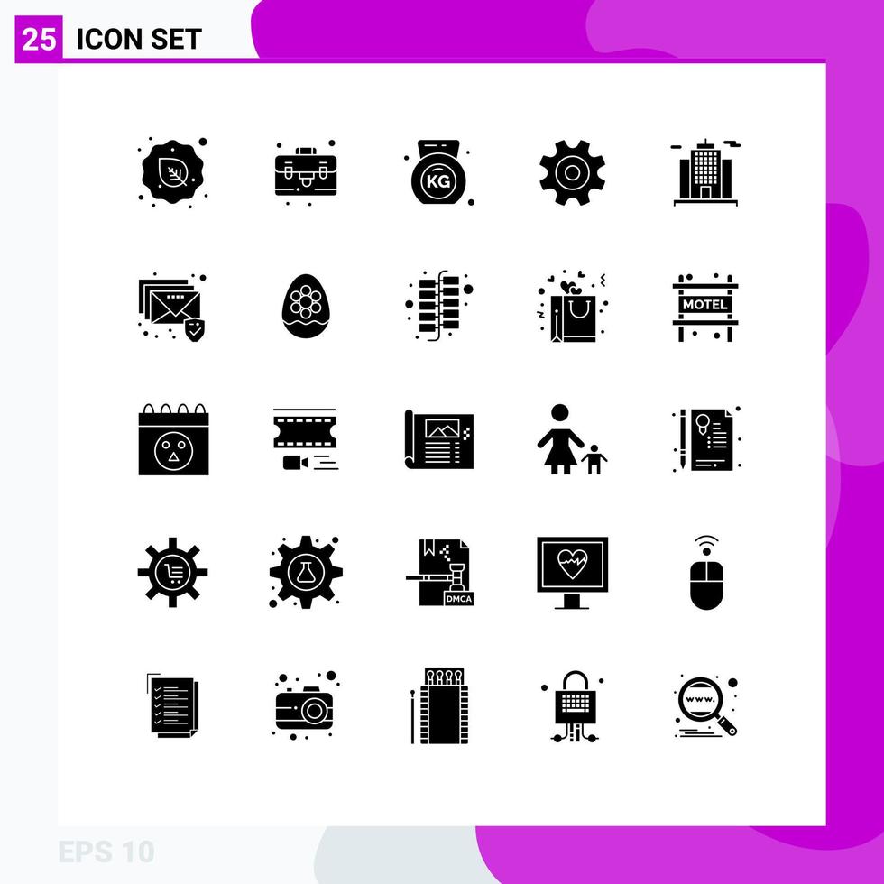 Mobile Interface Solid Glyph Set of 25 Pictograms of construction architecture dumbbell wheel gear Editable Vector Design Elements