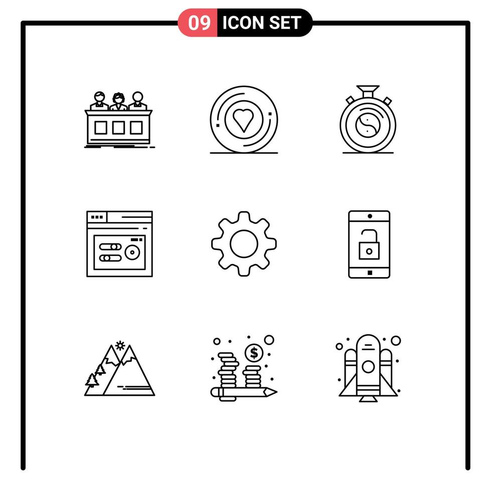9 User Interface Outline Pack of modern Signs and Symbols of cog seo sticker performance practice Editable Vector Design Elements