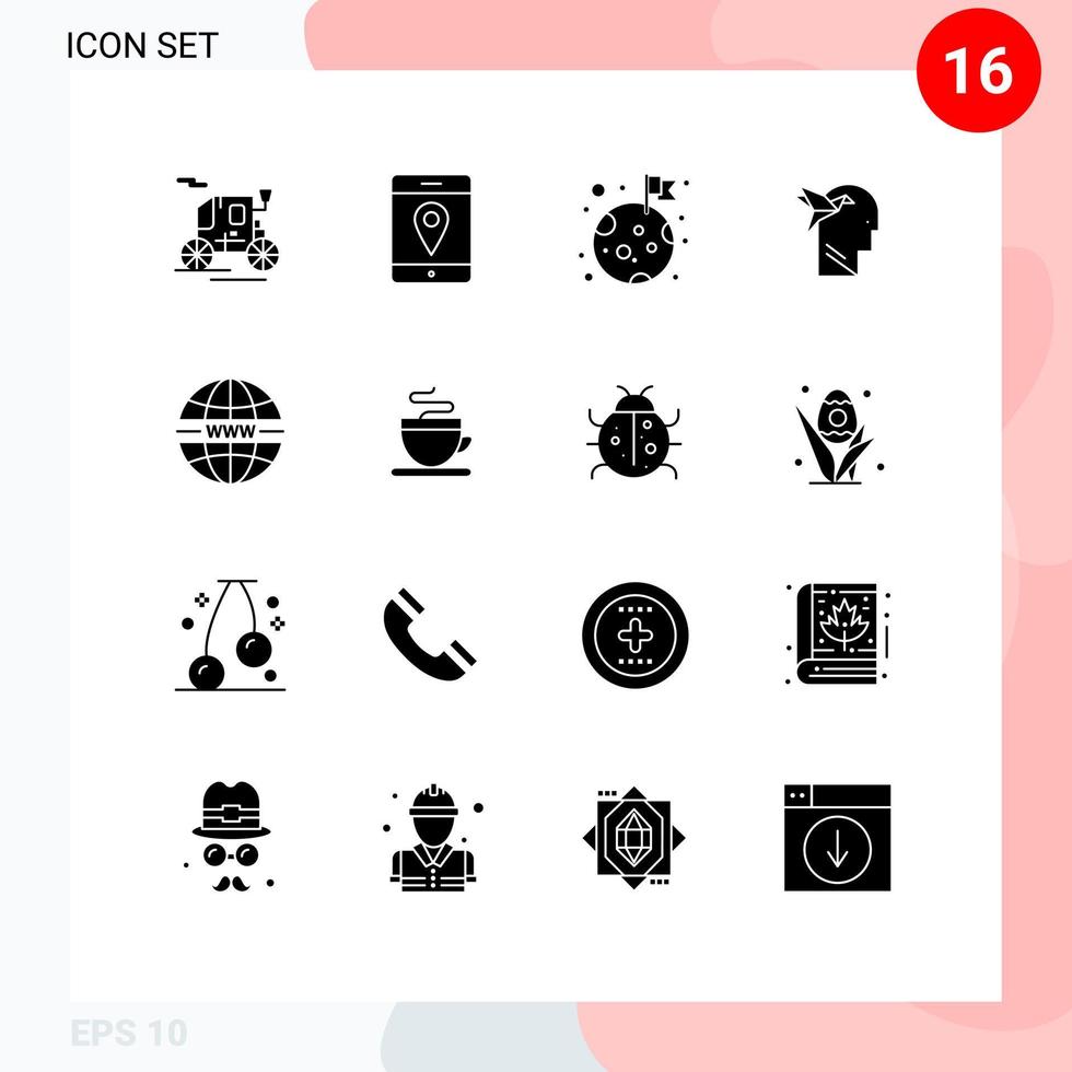 Solid Glyph Pack of 16 Universal Symbols of web security space internet head Editable Vector Design Elements