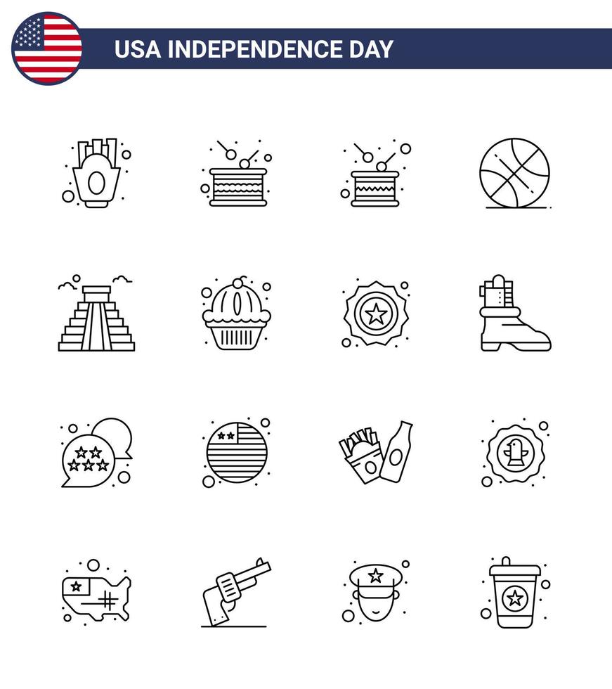 conjunto moderno de 16 líneas y símbolos en el día de la independencia de estados unidos, como el punto de referencia de la independencia estadounidense de estados unidos, elementos de diseño vectorial editables del día de estados unidos vector