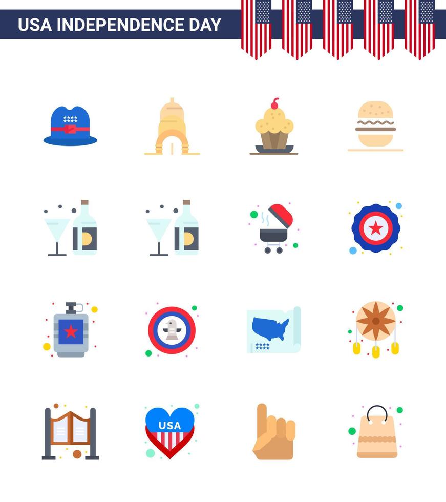 feliz día de la independencia 4 de julio conjunto de 16 pisos pictografía americana de muffin de bebida americana usa comer elementos de diseño vectorial editables del día de estados unidos vector