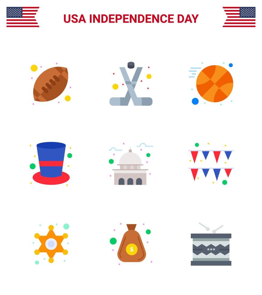 Happy Independence Day USA Pack of 9 Creative Flats of house magic hat america hat american Editable USA Day Vector Design Elements