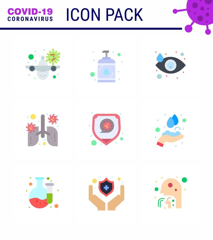 Corona virus disease 9 Flat Color icon pack suck as pneumonia lung sanitizer breath tear viral coronavirus 2019nov disease Vector Design Elements