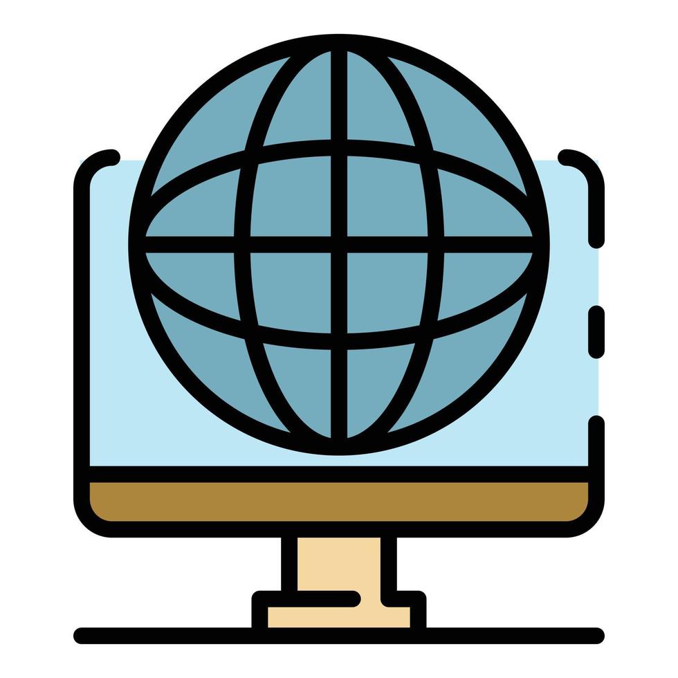 Computer and globe icon color outline vector