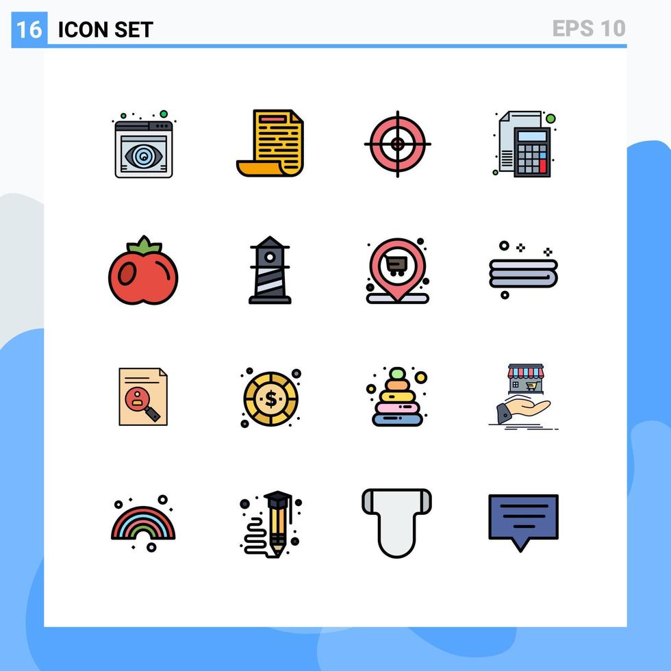 paquete de 16 líneas llenas de colores planos modernos, signos y símbolos para medios de impresión web, como alimentos de frutas, tableros de tiro, archivos de papel, elementos de diseño de vectores creativos editables