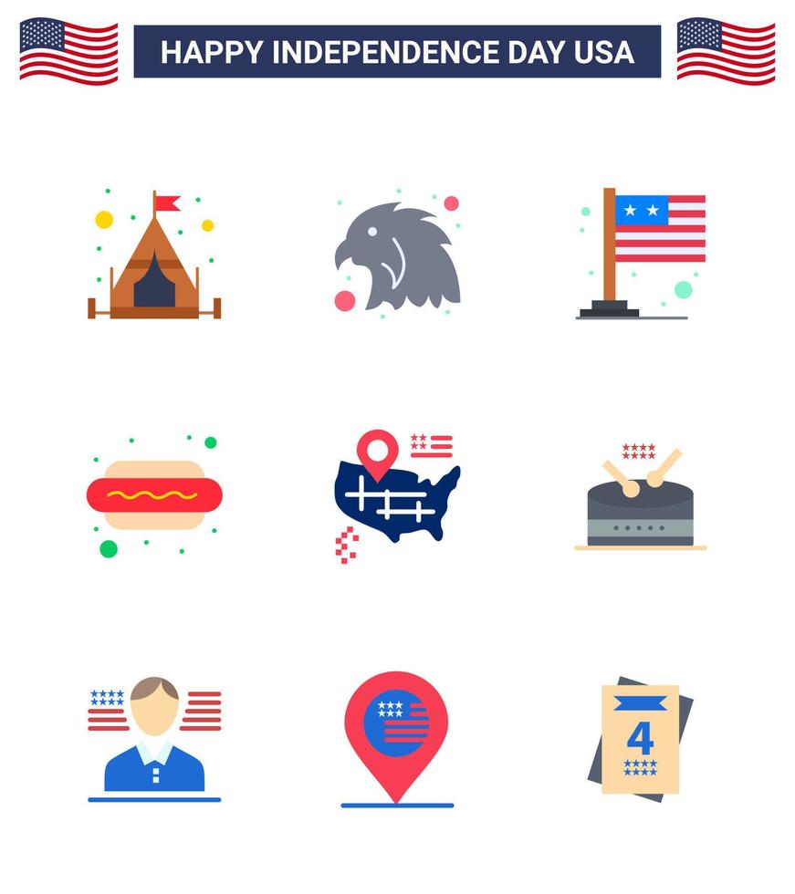 Happy Independence Day Pack of 9 Flats Signs and Symbols for drum map international location food Editable USA Day Vector Design Elements