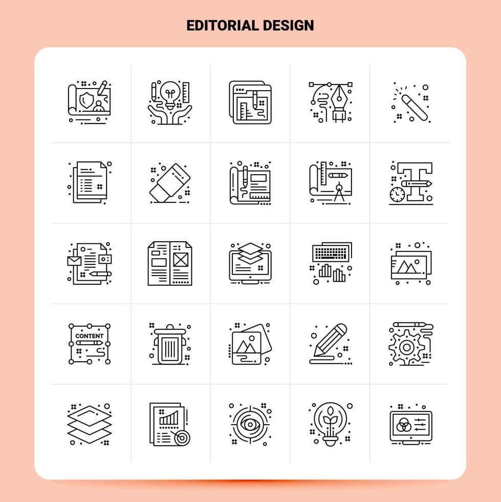 esquema 25 conjunto de iconos de diseño editorial diseño de estilo de línea vectorial conjunto de iconos negros paquete de pictogramas lineales ideas de negocios web y móviles diseño ilustración vectorial vector