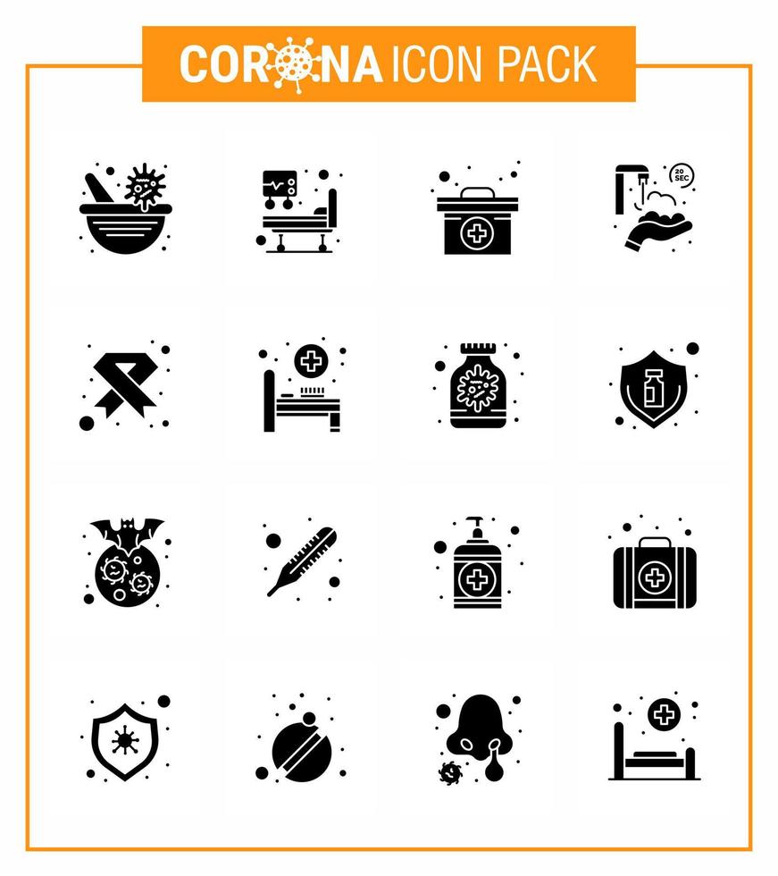 16 Solid Glyph Black Set of corona virus epidemic icons such as hiv aids medical washing protect hands viral coronavirus 2019nov disease Vector Design Elements