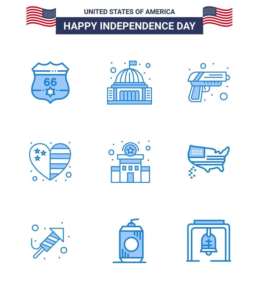 USA Independence Day Blue Set of 9 USA Pictograms of building flag white country weapon Editable USA Day Vector Design Elements