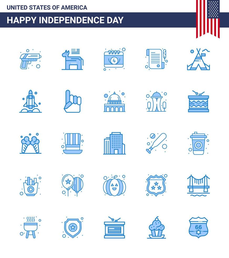 Set of 25 Vector Blues on 4th July USA Independence Day such as camp tent free american day paper Editable USA Day Vector Design Elements