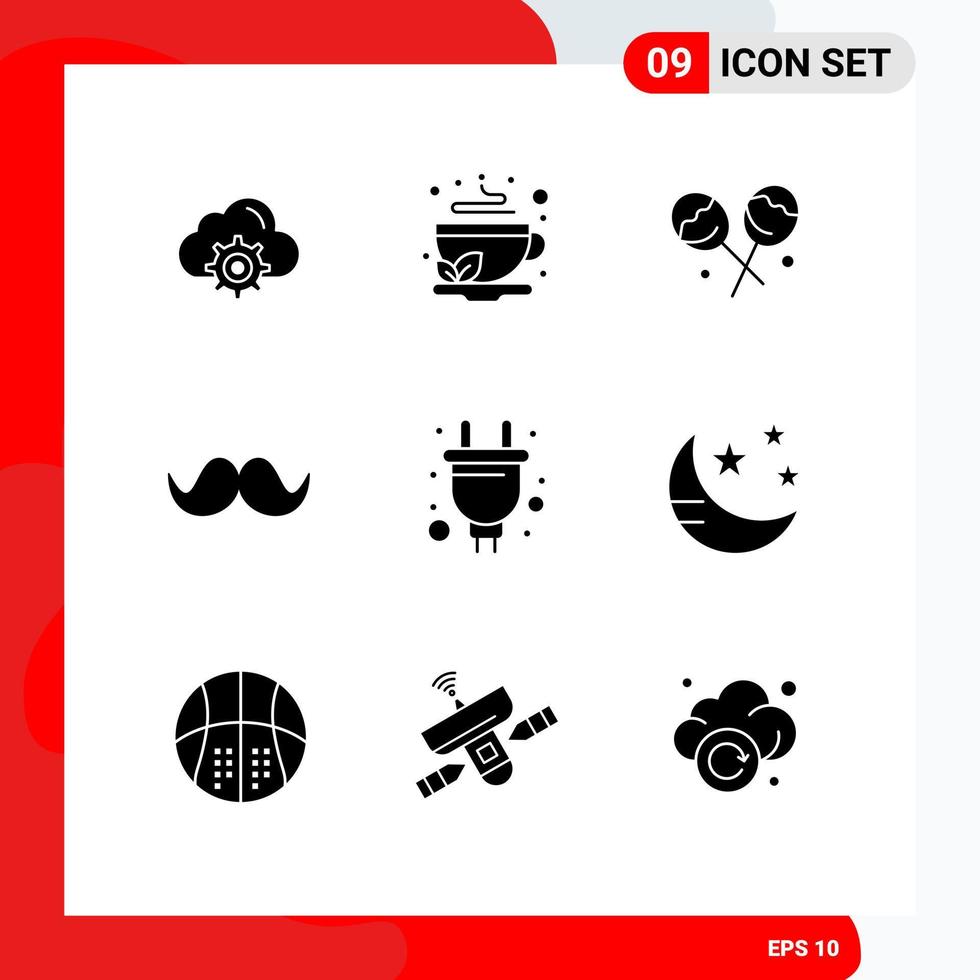 conjunto de 9 paquetes de glifos sólidos comerciales para elementos de diseño vectorial editables de bigote movember de té masculino eléctrico vector