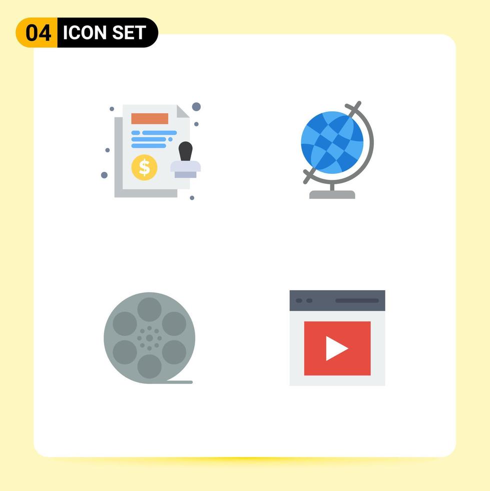 Group of 4 Flat Icons Signs and Symbols for agreement video paper globe communication Editable Vector Design Elements