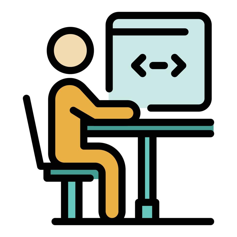 Man coding on PC icon color outline vector