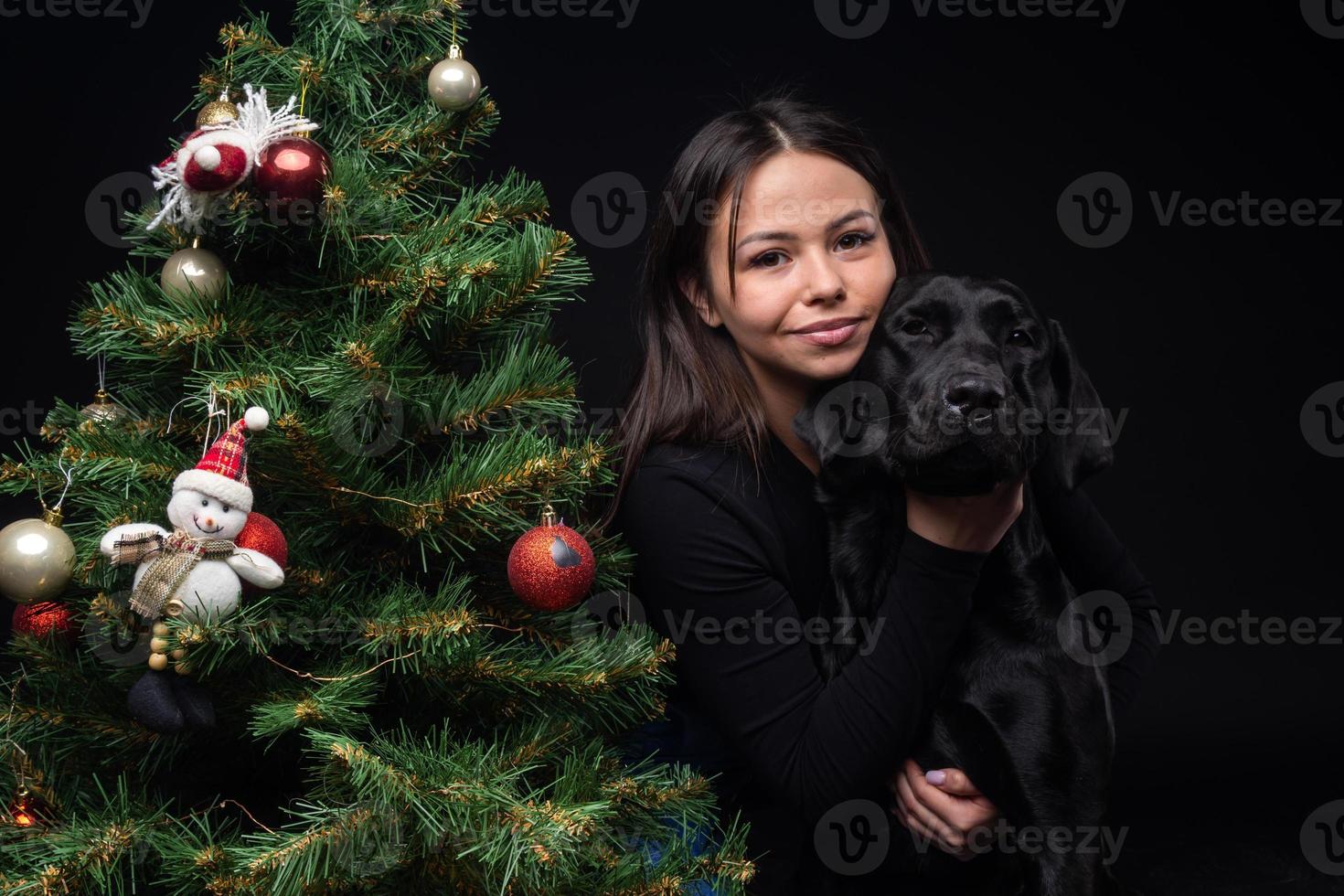 Portrait of a Labrador Retriever dog with its owner, near the new year's green tree. photo