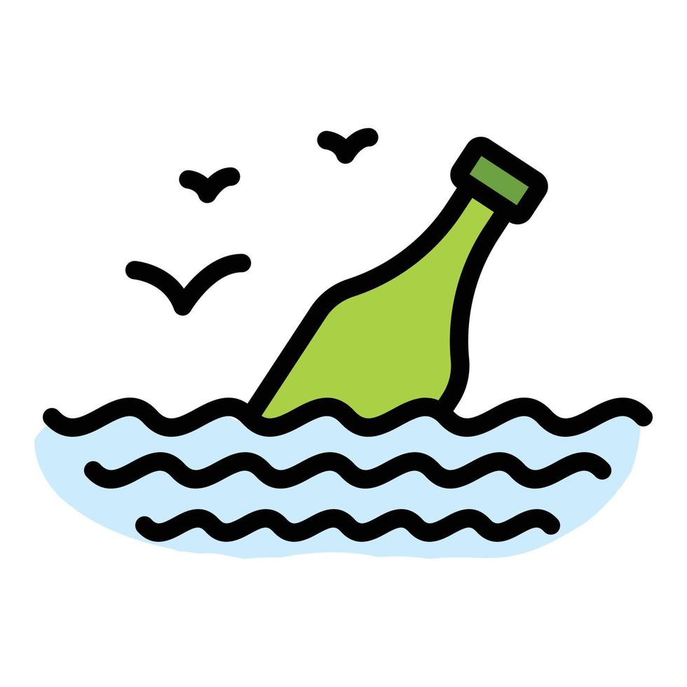 botella vacía en el vector de contorno de color de icono de mar