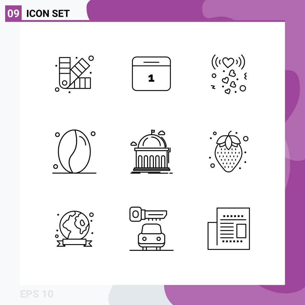 paquete de 9 signos y símbolos de contornos modernos para medios de impresión web, como la biblioteca de educación, granos de corazón, café, elementos de diseño de vectores editables
