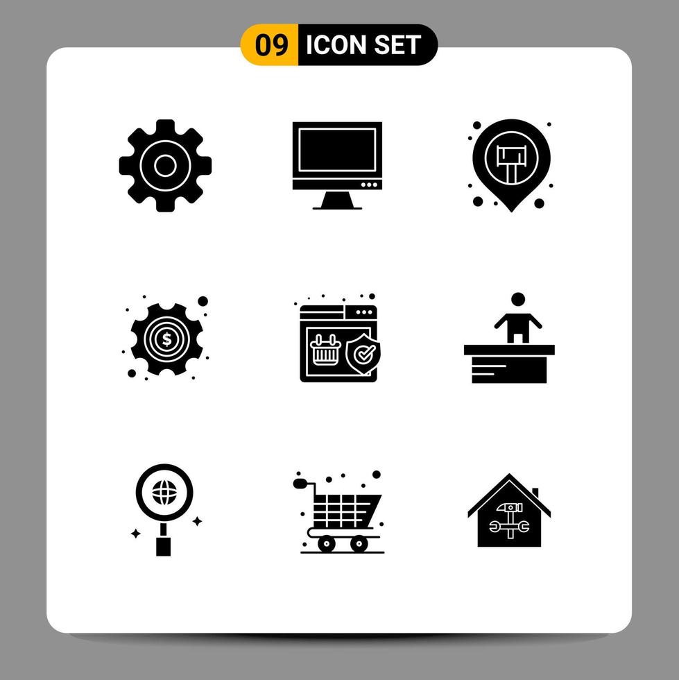 Mobile Interface Solid Glyph Set of 9 Pictograms of quality options pc money map pin Editable Vector Design Elements