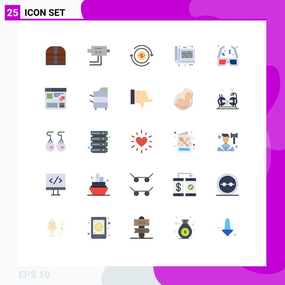 25 User Interface Flat Color Pack of modern Signs and Symbols of movie print flow plan design Editable Vector Design Elements