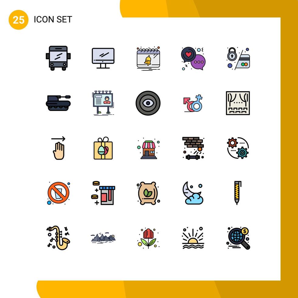 Mobile Interface Filled line Flat Color Set of 25 Pictograms of atm love bell heart chat Editable Vector Design Elements