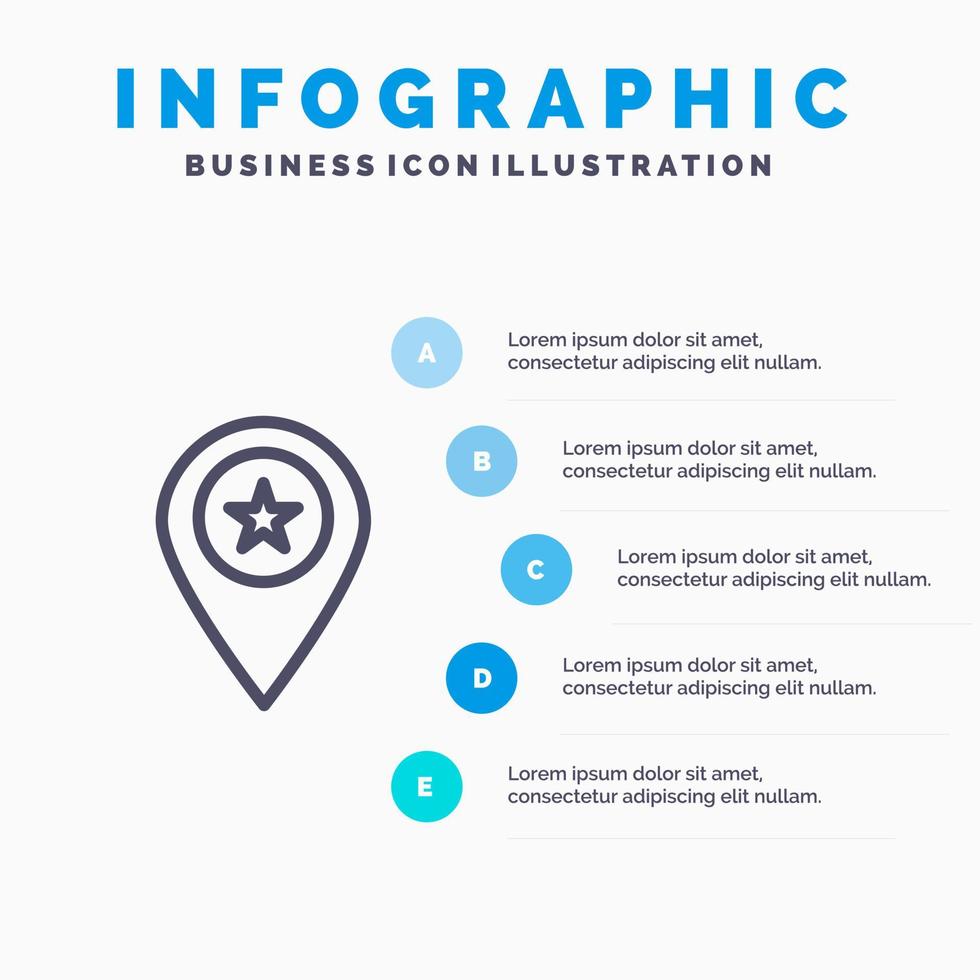 icono de línea de pin de marcador de mapa de ubicación de estrella con fondo de infografía de presentación de 5 pasos vector