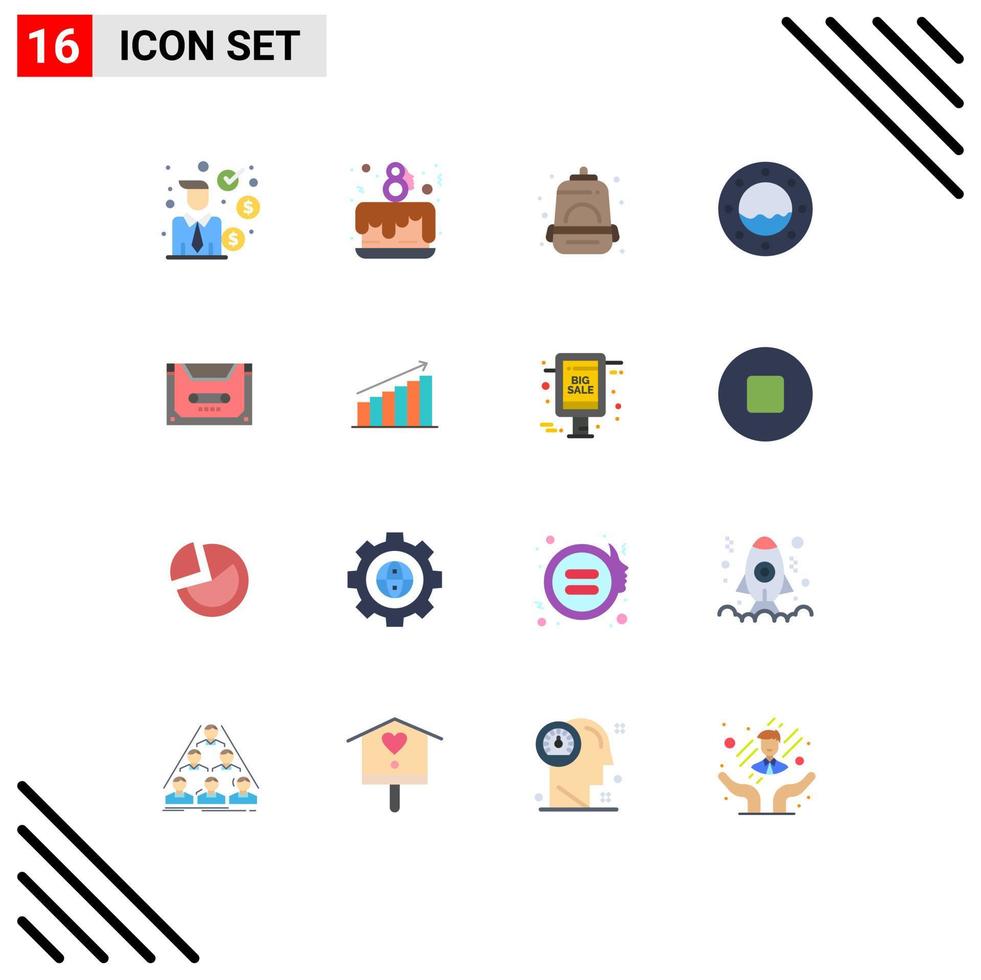 Modern Set of 16 Flat Colors and symbols such as cassette analog backpack water marine Editable Pack of Creative Vector Design Elements
