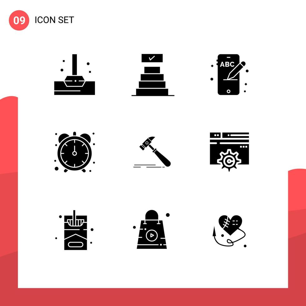 Set of 9 Commercial Solid Glyphs pack for web strong phone tool hammer Editable Vector Design Elements