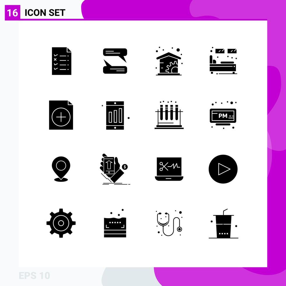 Mobile Interface Solid Glyph Set of 16 Pictograms of mobile document management add sleep Editable Vector Design Elements