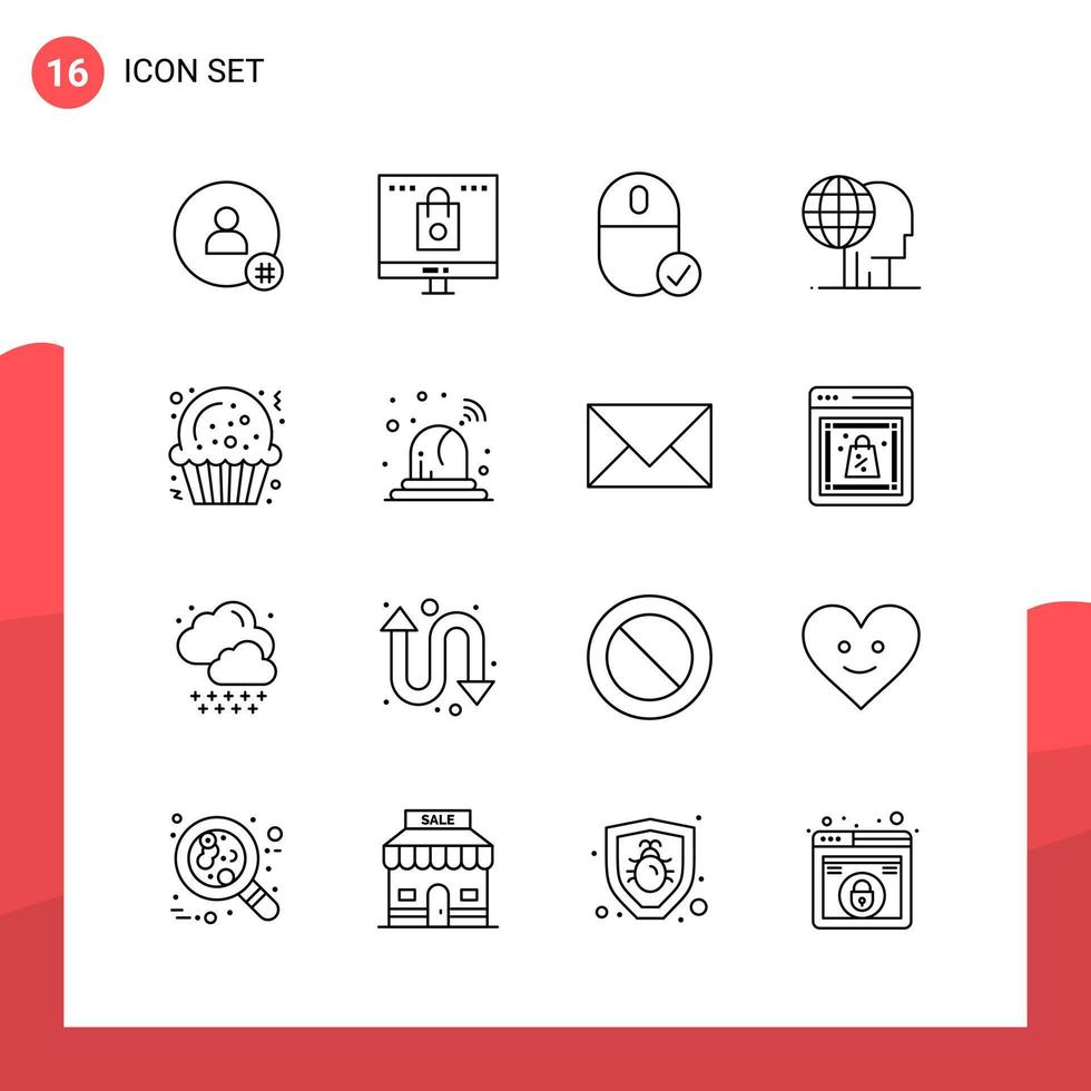 Pack of 16 Universal Outline Icons for Print Media on White Background Creative Black Icon vector background