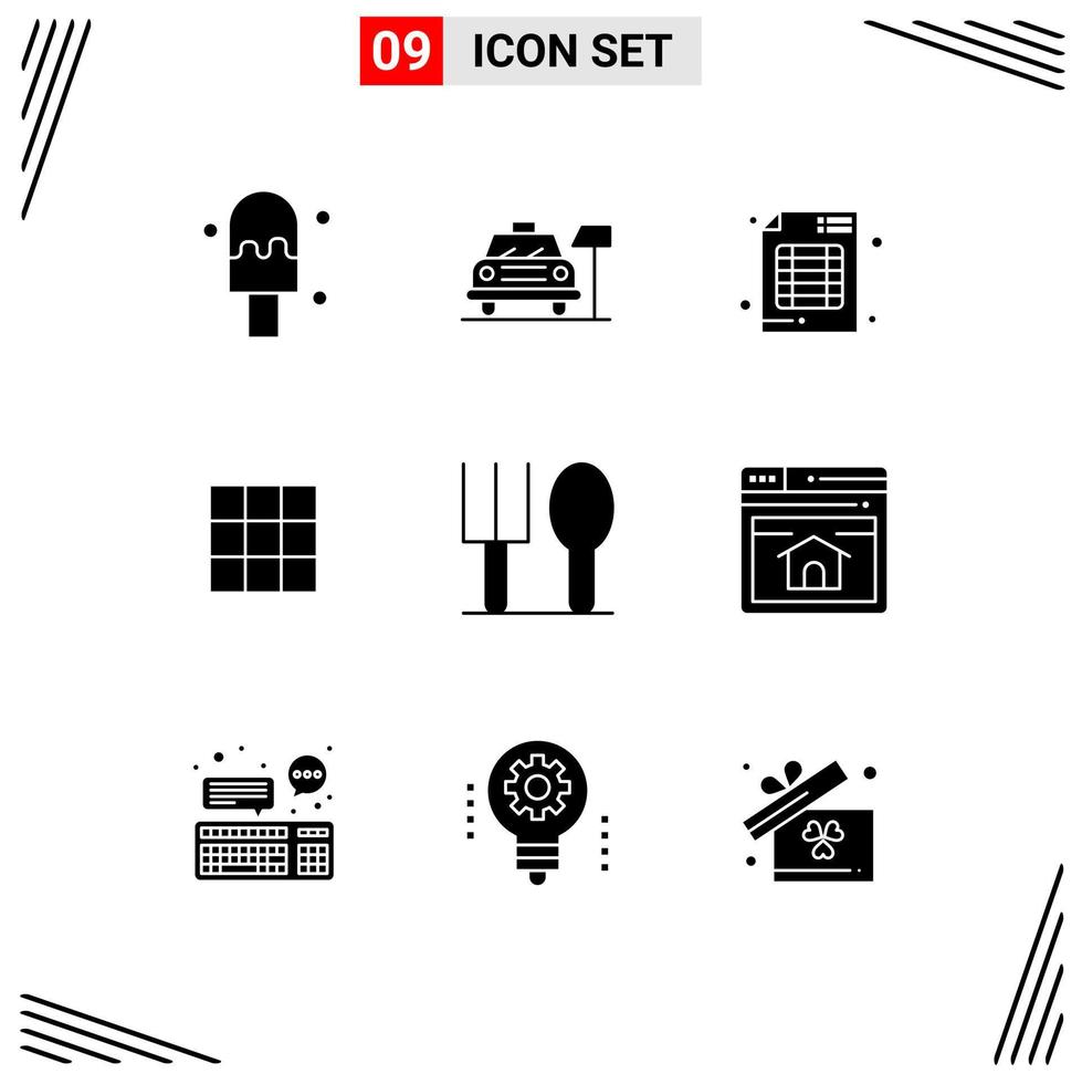 Set of 9 Vector Solid Glyphs on Grid for seo fork branding baby