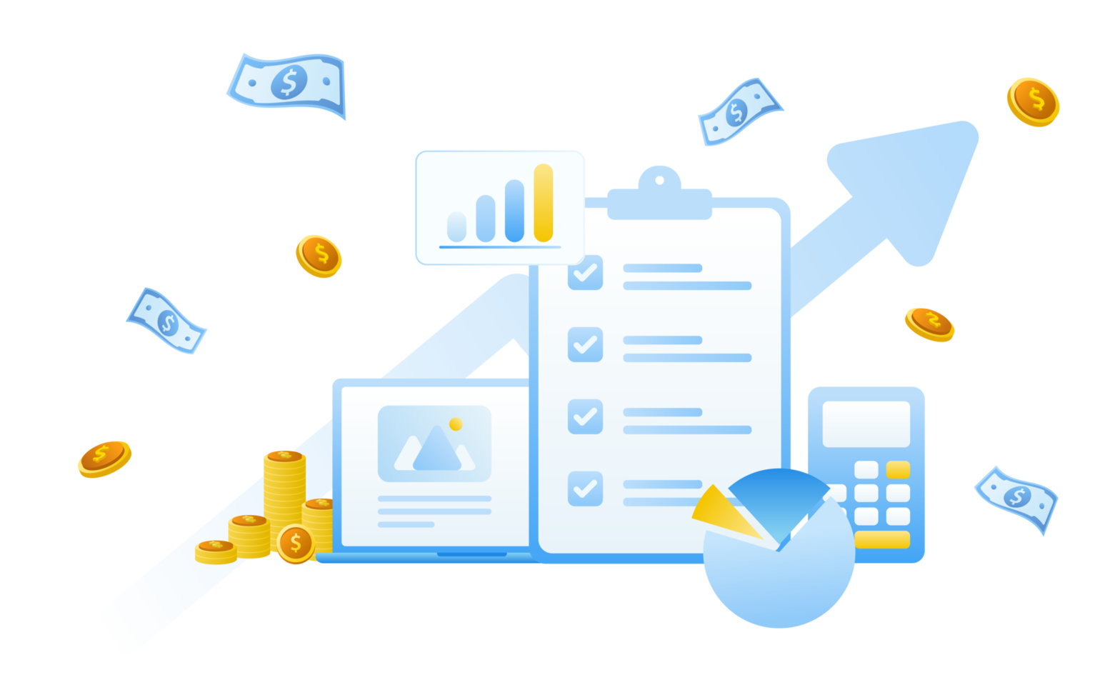 finanziario gestione concetto e investimento, piatto design di pagamento e finanza con i soldi, Contanti, banconota, calcolatrice e credito carta. png