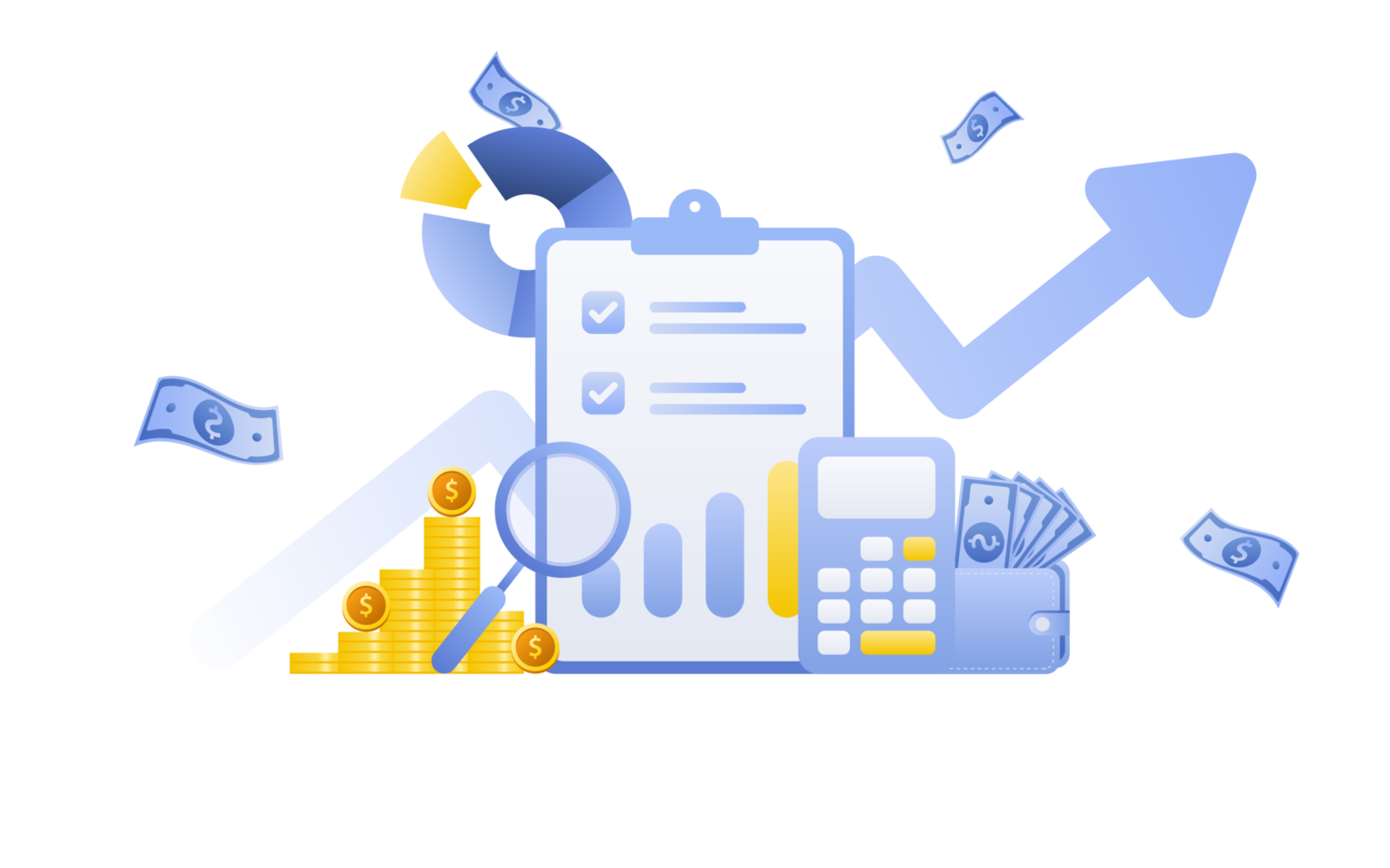 concept de gestion financière et investissement, conception plate de paiement et de financement avec argent, espèces, billets de banque, calculatrice et carte de crédit. png