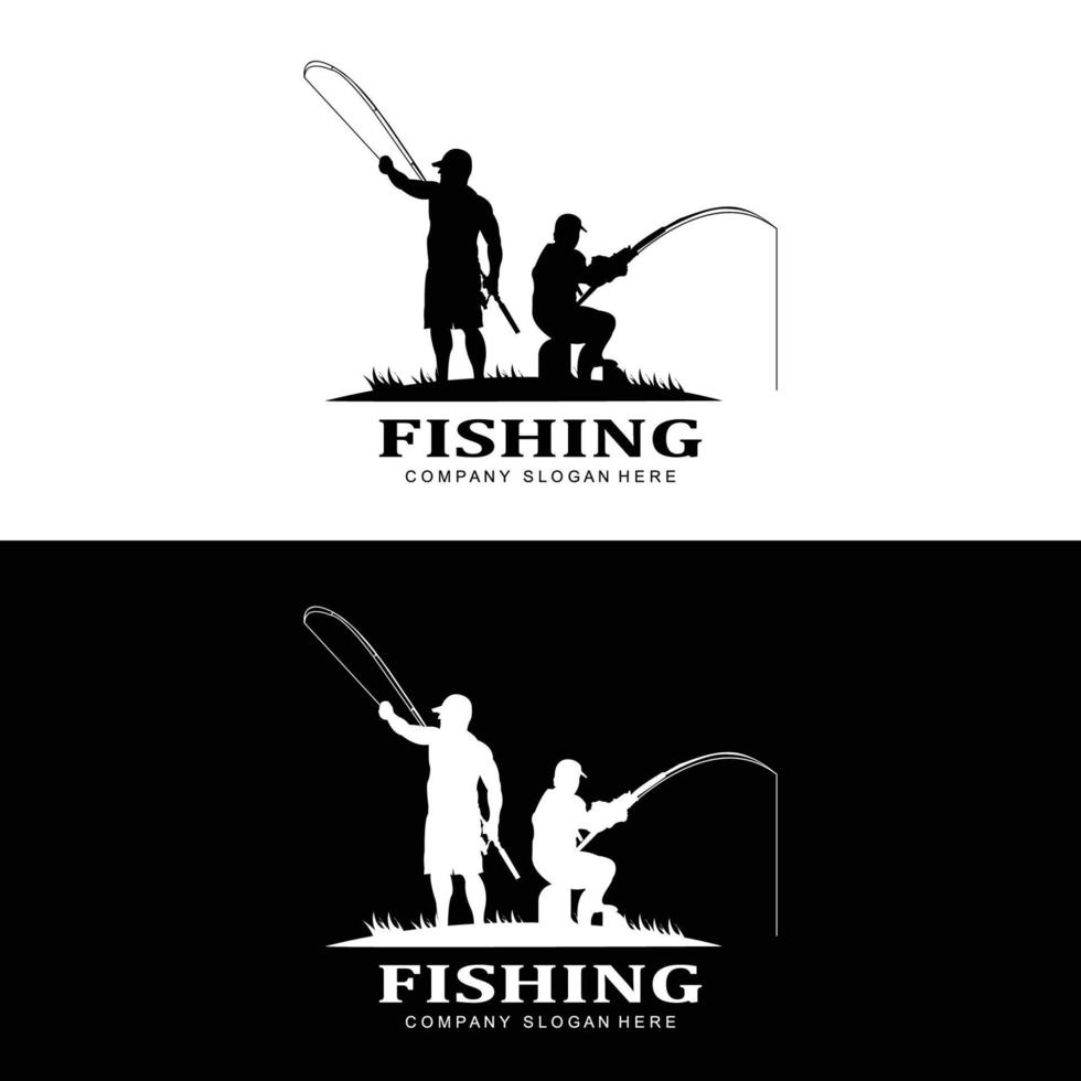 fishing logo icon vector, catch fish on the boat, outdoor sunset silhouette design vector