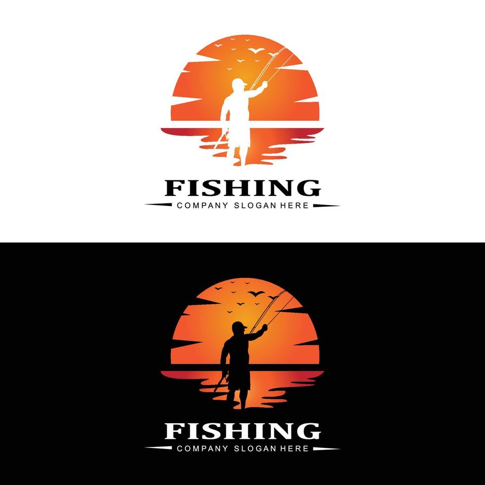 vector de icono de logotipo de pesca, pescar peces en el barco, diseño de silueta de puesta de sol al aire libre