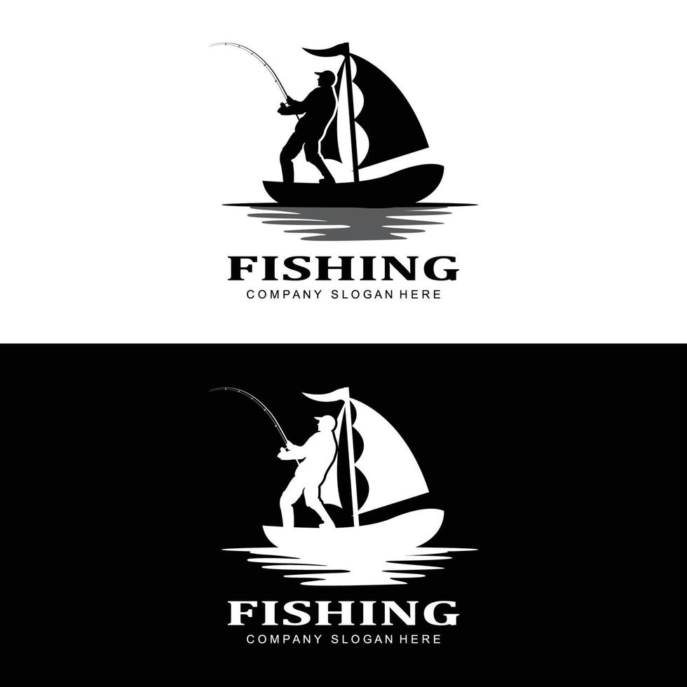 vector de icono de logotipo de pesca, pescar peces en el barco, diseño de silueta de puesta de sol al aire libre