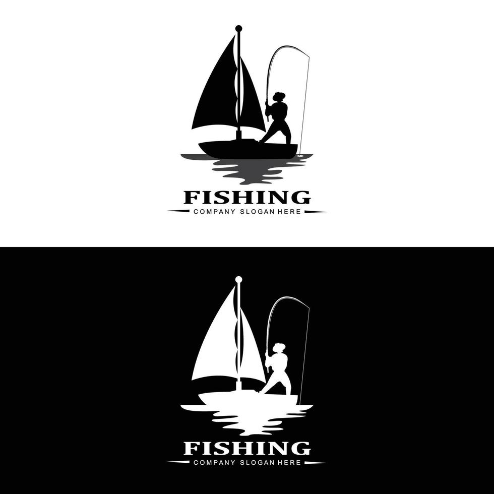 fishing logo icon vector, catch fish on the boat, outdoor sunset silhouette design vector