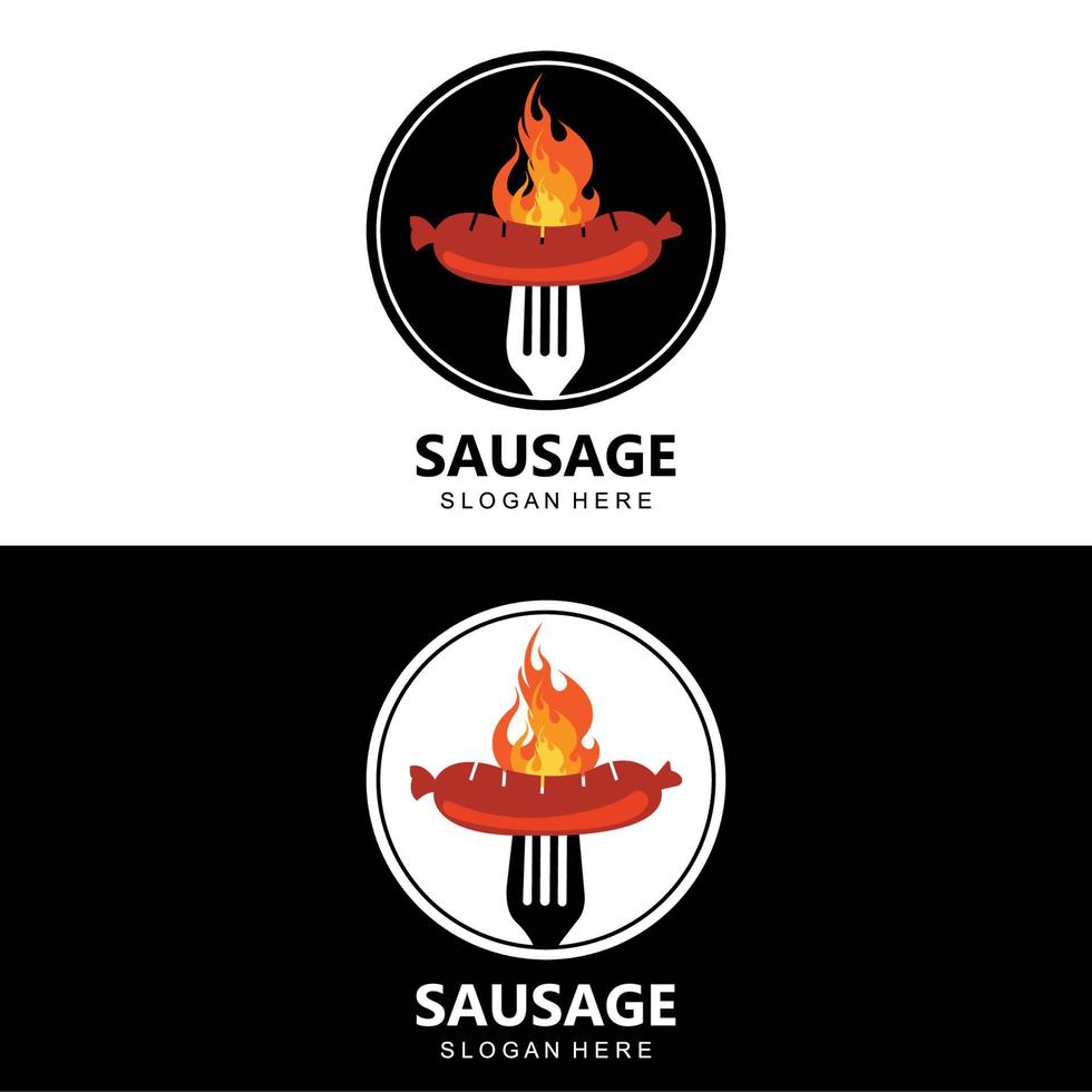 logo de salchicha, vector de comida moderna, diseño para marcas de comida a la parrilla, bbq, tienda de salchichas, perrito caliente