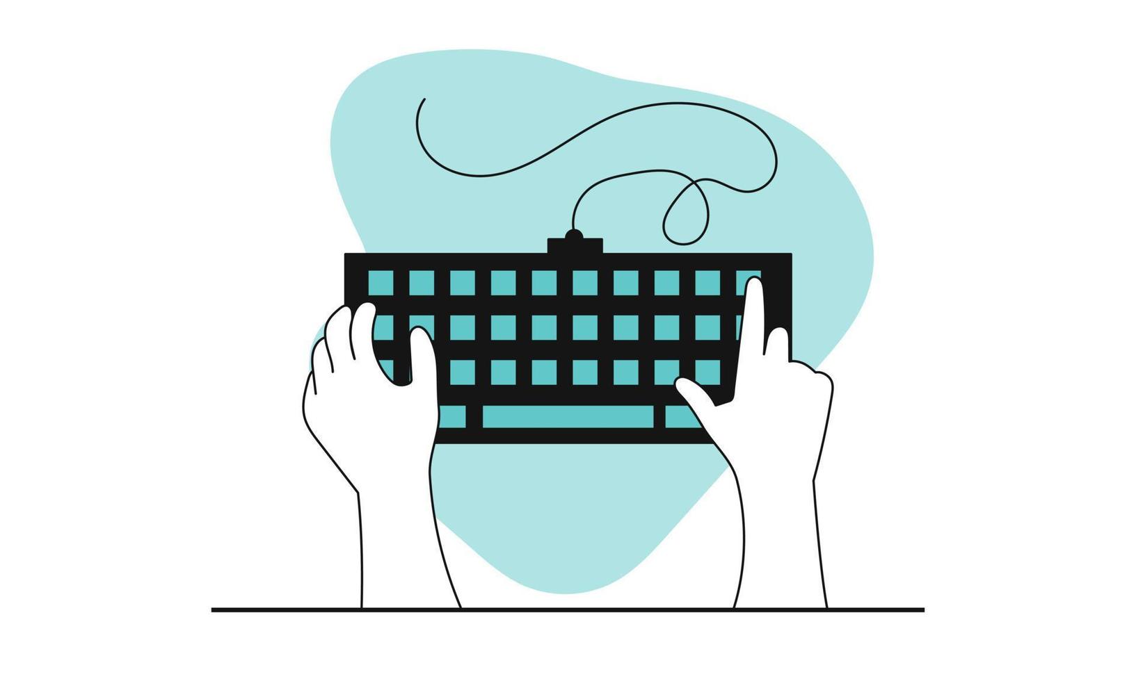 Hands typing on the keyboard vector concept illustration. Business work on office computer and human using pc. Worker workspace and network type content. Gadget for employee to working and user device