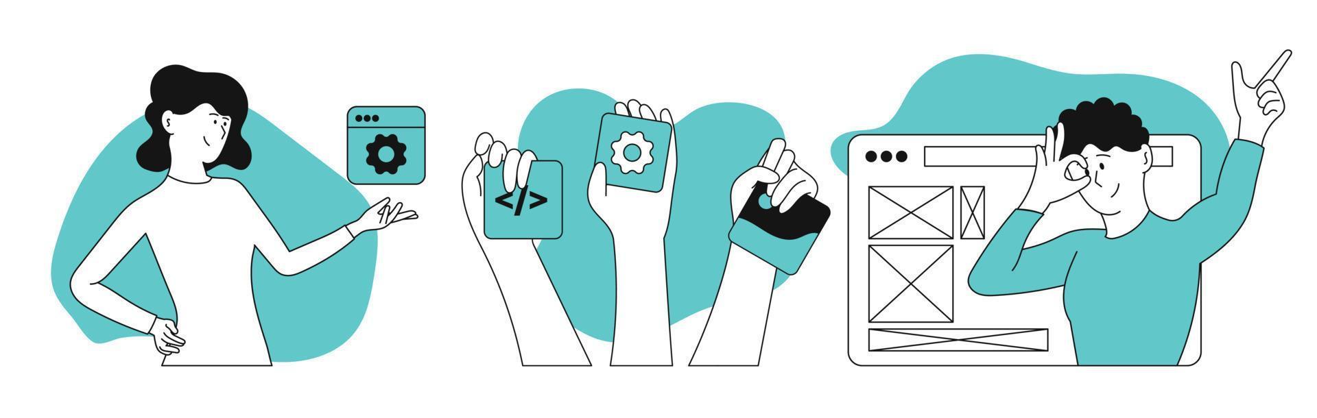 Development team vector illustration concept. Business development and software programming. Application process coding and communication teamwork. Group brainstorming and meeting to develop strategy