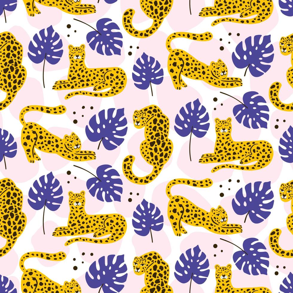 Vector leopard and tropical leaves pattern