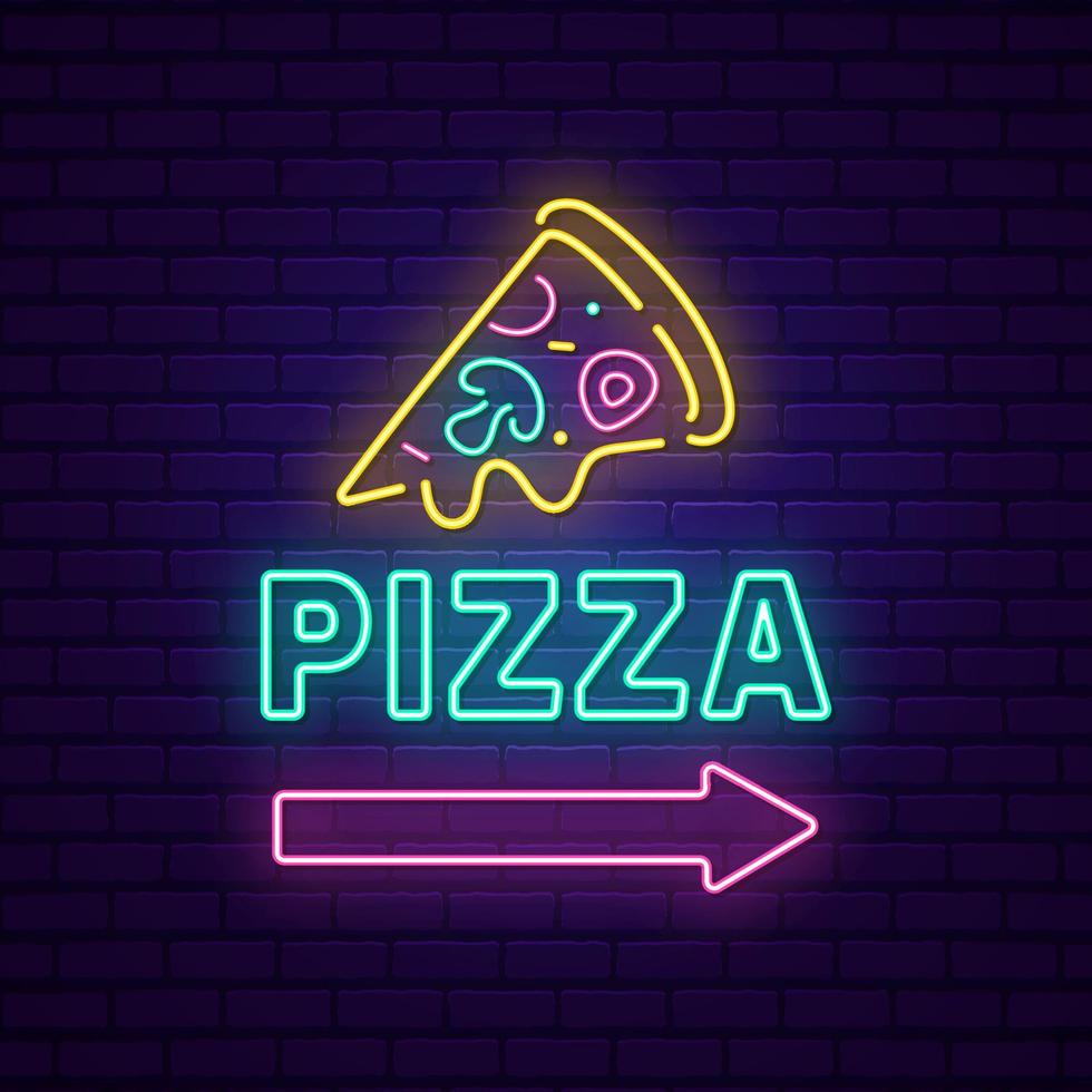 icono de rebanada de pizza letrero de neón, emblema brillante vector