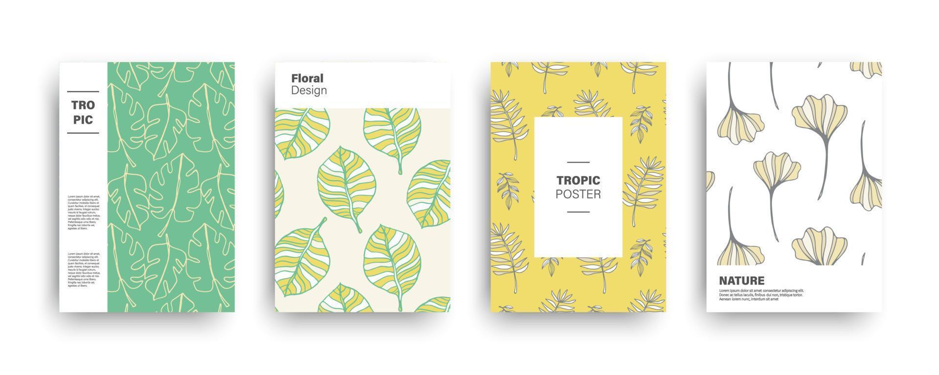 Tropic nature exotic covers set. Hand drawn hawaiian plants vector