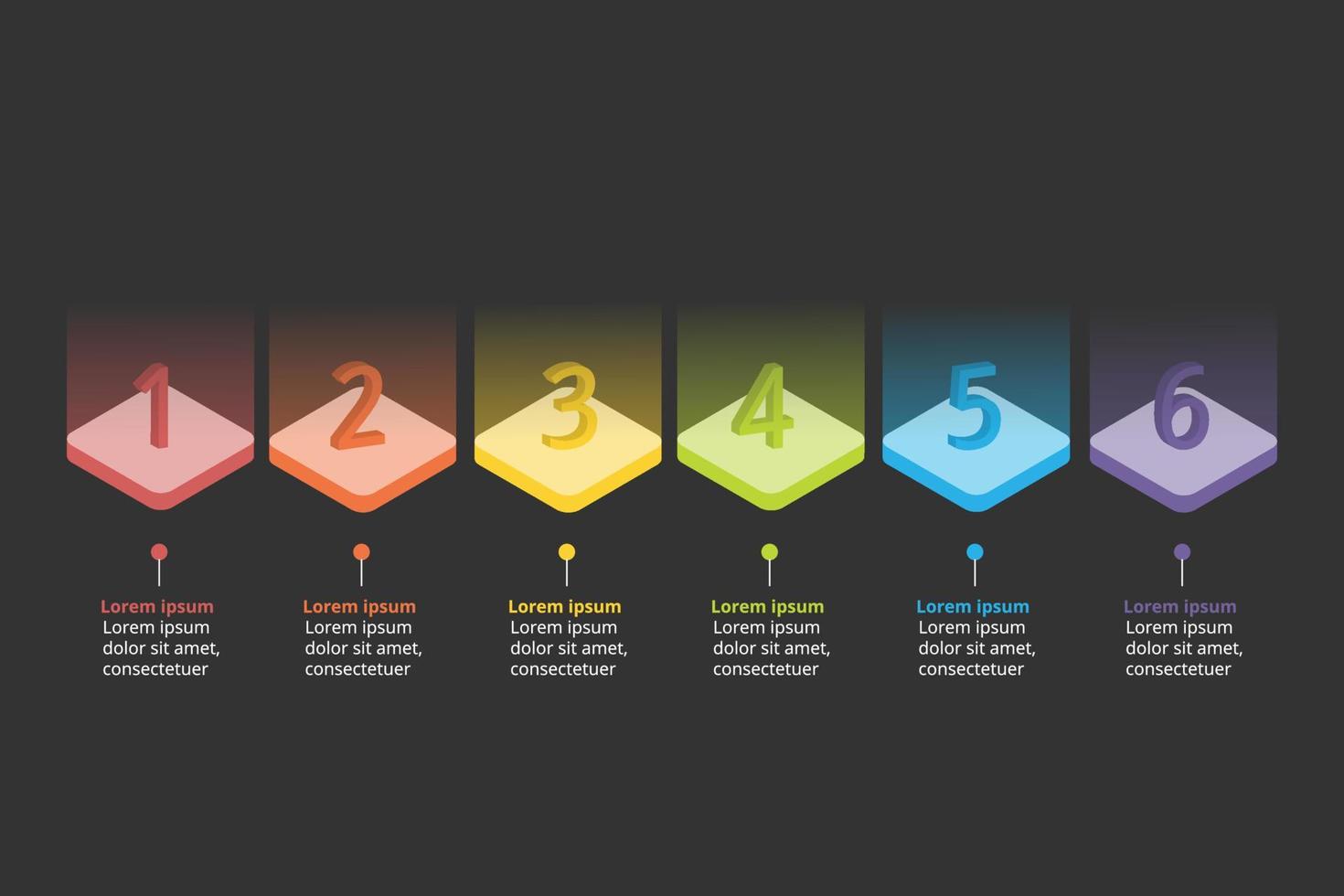 plantilla de gráfico de número de paso para infografía para presentación de 6 elementos con luz colorida vector