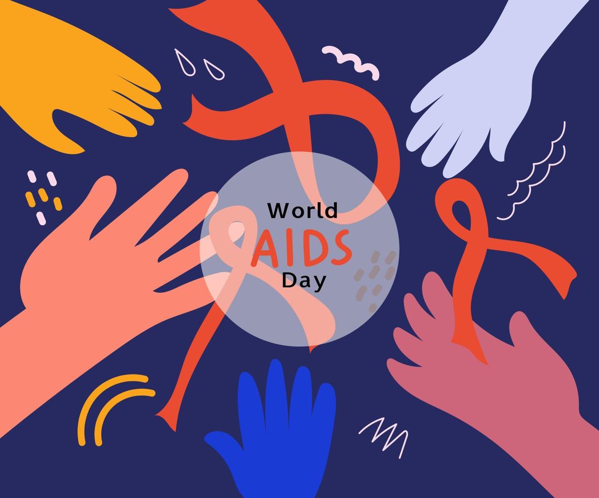 World AIDS day awareness. Multicolored palms hold red ribbon.Vector horizontal flat doodle illustratuon for banner, poste. vector