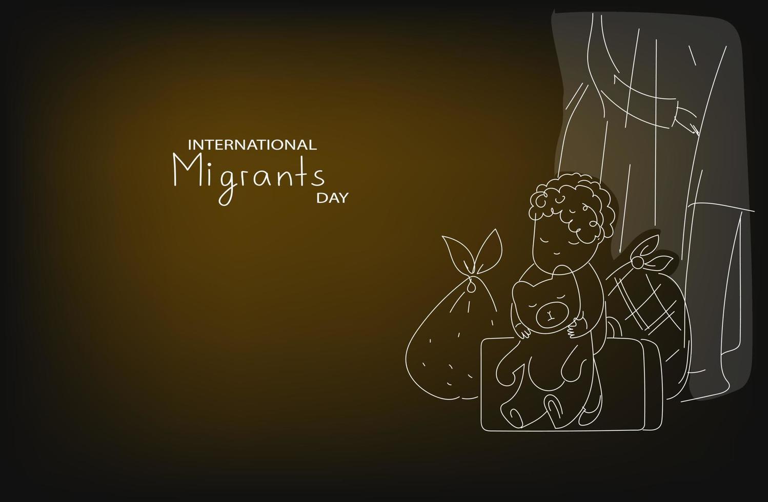 International Migrants day. Multicolored Vector dark mode horizontal flat doodle illustration for social media banner, poster